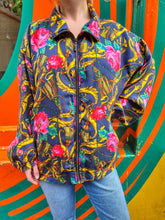 Load image into Gallery viewer, Navy Rose Print Silk Bomber Jacket
