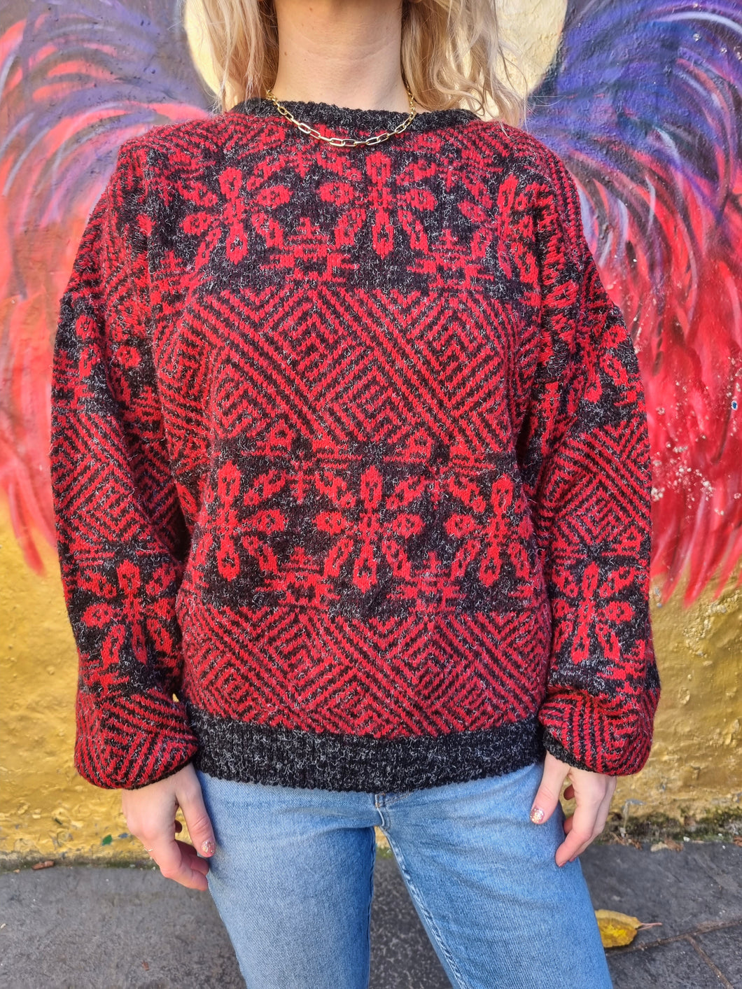Red and Grey Patterned Sweater