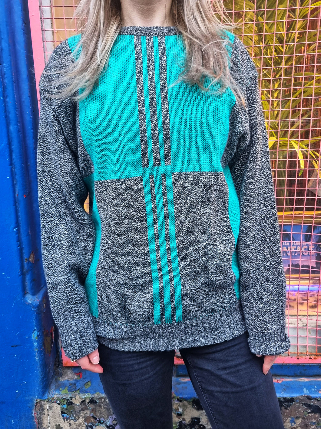 Grey and Turquoise Rectangle Jumper