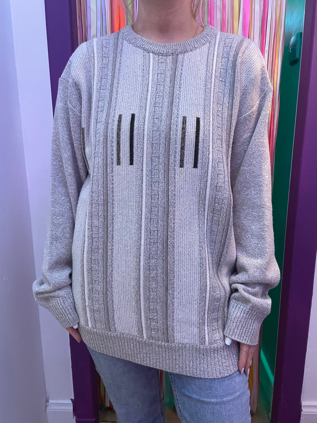 Cream and Grey Striped Textured Jumper